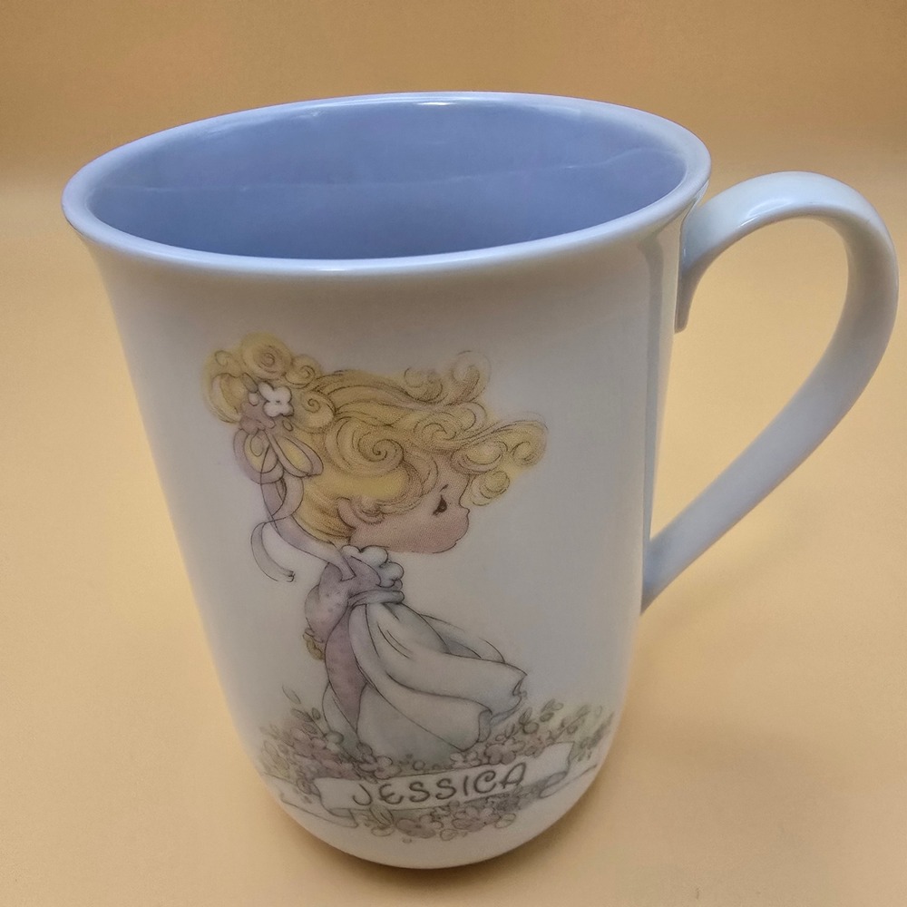 Vintage 1990 Precious Moments Jessica Name Coffee Mug Enesco Ceramic Blue White - Picture 2 of 14